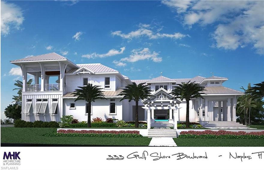 Vision is everything!  Positioned at the corner of 3rd Avenue S and Gulf Shore Blvd S sits 333, a commanding corner 100’ x 150’ lot.  Imagine a better way and give a project a purpose by taking advantage of the inspiring Coastal Contemporary renderings designed by MHK Architecture and Planning and prepared exactly in sync with the new Old Naples.  Stay true to the architects’ vision with building this welcoming show stopper design.  Conceptualize a vision and bring to life an illuminizing light filled home along with the creative influences of continuous flow including outdoor living access.  Immerse in this opportunity to build within a close proximity to Naples 5th Avenue S along with the rarity of a location across from the beach block. The current 60’s ground-level home is a 3 bedroom-2 Bath classic and sold As-Is.  Vision ignites, its inspiring and is filled with passion.  Imagine a better way with 333GulfShoreBlvdS.  This can be the beginning of building a joyful and welcoming home as originally planned by the Owner.  The proposed Floor Plan has set the stage for this home to unfold with it's own personality.  Collaborate to create a look of your own and be inspired.