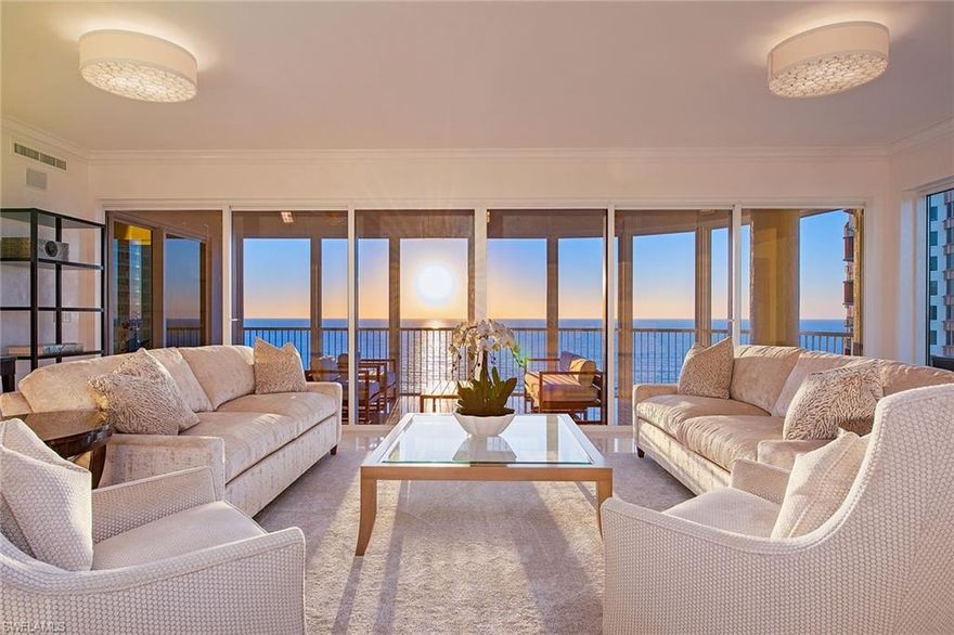 One of the most sought-after beachfront addresses, Le Jardin is a boutique building with only 52 residences. The stylish interior design of this newly renovated offering exudes cosmopolitan sophistication. The subtle color palette of sand, sea and sky hues creates the perfect setting to toast night after night of sunsets as well as the sparkle of inland lights over the city and Venetian Bay.Spectacular vistas of the Gulf greet you upon entering the residence from the private elevator lobby, and continue throughout encapsulating the personality of the bay to the east, all enhanced by the floor-to-ceiling windows and 9 & 1/2 foot ceilings. Moving through the open and light-filled spaces, there is a sense of tranquility and permanence created by the finely crafted built-ins, architectural details and highest quality furnishings and finishes by interior designer Janet Bilotti. This is one of the finest residences available along Gulf Shore Boulevard. Amenities include a beachside pool and spa, wonderful party room/bar, fitness center, men and ladies sauna and steam rooms, Har-tru tennis court and 24-hour doorman service. The Village on Venetian Bay is just across the Boulevard providing upscale dining and shopping.