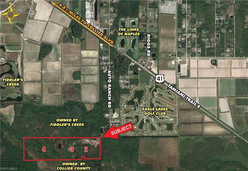 Map highlighting land for sale at 1607 Auto Ranch RD, Naples, FL, showing surrounding areas, proximity to Collier Blvd, and labeled sections indicating ownership and development potential.