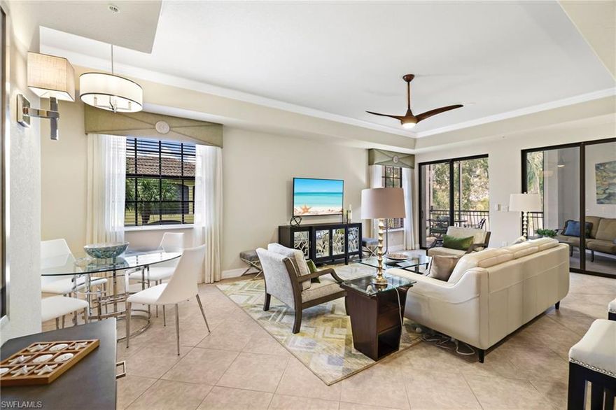 Welcome to this beautifully furnished residence in the sought after Mirasol neighborhood at Miromar Lakes Beach and Golf Club. This two bedroom, two bathroom condo offers a comfortable and easygoing retreat with serene water views and a layout designed for relaxed living.

Inside, the open floor plan creates a seamless flow between the kitchen, dining, and living areas, making the space feel light and inviting. The kitchen features granite countertops, a breakfast bar, and a natural gas range, while tile flooring throughout and custom California closets add both style and practicality. The spacious living area opens to a southwest facing lanai, where you can unwind while enjoying peaceful lake views and glowing sunset skies, with the white sand beach and Beach Club just across the water.

The primary suite is designed as a private retreat, while the guest bedroom offers flexibility for visitors or a home office. Residents of Mirasol enjoy their own private beachfront pool with grills, shaded seating, and gathering areas, perfect for casual afternoons or entertaining.

Beyond Mirasol, Miromar Lakes offers a truly unmatched resort lifestyle, including white sand beaches, lakefront dining, boating and water sports on the freshwater lake, tennis and pickleball courts, a full service spa, state of the art fitness center, theater, library, and the iconic infinity pool with poolside service. Ideally located close to Miromar Outlets, Gulf Coast Town Center, and RSW Airport, this residence provides the perfect setting for a relaxed seasonal escape or year round enjoyment at Miromar Lakes