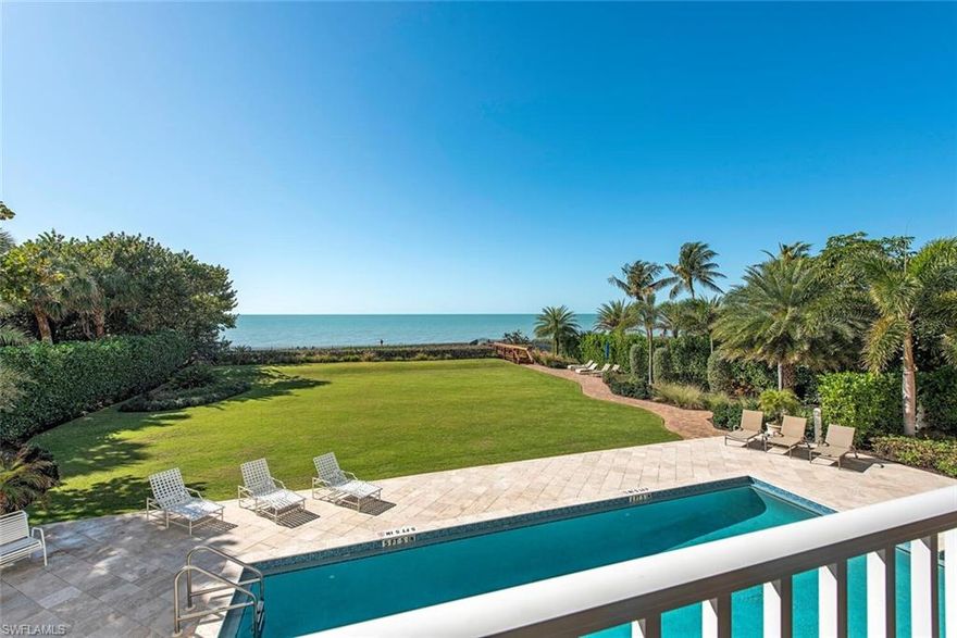 C.1240 - DIRECT BEACHFRONT CONDO IN RARELY AVAILABLE SEA HOUSE (Naples Cay). Only SIX residences in Sea House, ONE residence per floor. This 3 BR/3.5 BA condo is 3,340 SF under air, with a large lanai that spans the entire width of the building, a private spiral staircase to your lanai, unobstructed Gulf views, and an elevator to the private foyer of Residence #1.  Appliances include Viking GAS oven/range, Sub-Zero refrigerator and Miele dishwasher. A 42’ long, enclosed A/C tandem garage provides plenty of room for 2 cars plus extra storage with built-in cabinets. The last condo available in Sea House was 2011, so don’t miss out on this beachfront condo that lives like a private beach house. Sea House is nestled between Park Shore and Pelican Bay, and offers a unique level of privacy and tranquility, yet is within walking distance to the fine dining and shopping of Venetian Village and Waterside Shops.