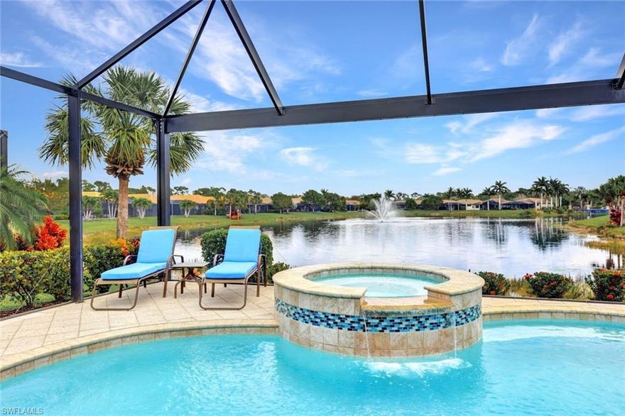 Stunning Long Lake View! This home exudes the Florida lifestyle, with the pool's blue tile detail and this view you feel like you are on vacation from the moment you open the front door. You'll see the diagonal floor tile detail and the stunning view beyond. This home is a well built Toll Brother's luxury home of the Massiano model. Complete with impact glass windows and electric hurricane lanai screen protection you'll feel safe and secure. With the all white, well lit kitchen, glass tile back-splash, pull-out drawers, with all windows covered in white plantation shutters you will feel the light, bright and airy sunshine. The Owner's suite has 2 walk-in closets with wood shelving, bath has 2 separate sinks with marble tops, a drop-down vanity, large soaking tub, shower has beautiful tile detail, all for a spa-like feel. Bedrooms & den have a very clean feel with new luxury vinal flooring. Lanai has upgraded pavers, picture frame screen for a very clear view of the lake. When a storm comes, with a click of the remote your patio & outdoor furniture is safe and secure with the storm screens down. Laundry is complete with lots of white cabinetry for extra storage, laundry tub, & 1 year old washer & dryer. Garage is a 3-car tandem space for your third vehicle, golf cart, or whatever you desire. Pool Equipment is just months old. Cordova At Spanish Wells has your choice of Golf Membership and all of the amenities that go with the Sports/Social Club, Enjoy the Clubhouse for dinner, the Pub for lunches & snacks, including Pickle ball, tennis, bocce ball, fitness center with classes and more. In Cordova all exterior landscaping is taken care of by HOA. It is one of the best locations in Southwest Florida, approximately 20 minute drive to SWFL International Airport,3 miles to I75, 1 mile to Hwy 41, 3 miles form the white sand Bonita Beach, close to restaurants, shopping, banks, etc. This location can't be beat!
 1 hour or more notice for showings preferred.