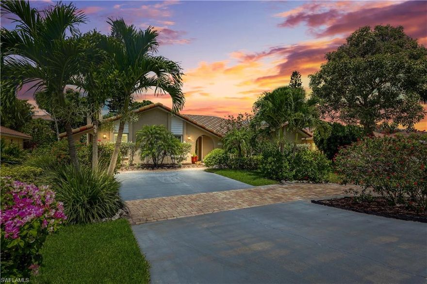 H6147 - A well-maintained, partially furnished, move-in ready home, with crown molding, updated kitchen, baths and laundry,  located in a non-gated community on a quiet cul-de-sac street.  Super location across from Bonita Bay and close to restaurants and shopping at the Promenade, Publix, and Fresh Market.  Only 4 miles from  world class white beaches.   There are no HOA fees in this neighborhood and there is a well for irrigation keeping expenses low.  The landscaped back yard provides a peaceful setting to watch the sunsets over the lake.  The kitchen with two sinks, stainless steel appliances, center island and lighted glass upper cabinets, is the heart of this home.   The tile roof was replaced in 2017.  Two master-suites along with the third bedroom provide comfortable and ample space for guests.