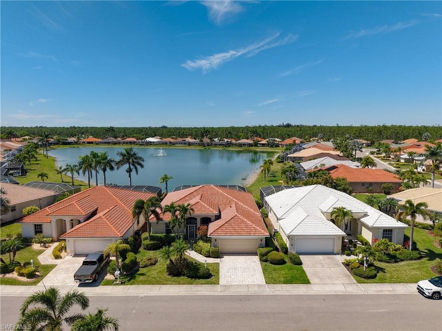 Wake up to vacation-style living in this Eagle model POOL HOME in the heart of HERONS GLEN COUNTRY CLUB. The 3-bedroom, 2.5-bathroom residence features beautiful LAKE AND FOUNTAIN VIEWS with stunning SUNSETS visible through three sets of sliding glass doors that open to the pool and lanai area. Natural light brightens the interior spaces, highlighting the 18-inch tile flooring throughout the main living areas. Elegant PLANTATION SHUTTERS grace the windows, while a leaded glass insert adorns the front door and sidelight. The kitchen offers fresh white cabinetry, decorative tile backsplash, Corian counters with a breakfast bar, tiled peninsula front, and a large double stainless steel sink. The spacious master bedroom connects to a bathroom with dual sinks, FRAMELESS SHOWER enclosure, and HIS AND HER WALK-IN CLOSETS. A pocket door creates a private guest suite from the main guest room and full guest bath. The second guest room makes a great bonus room and has its own walk-in closet. The indoor laundry area has extra storage, a work sink and a folding space. Practical updates include 2022 exterior paint, 2023 newer lanai screens, and a NEW ROOF installed in 2024. Ready hookups are available to add a pool heater for year-round swimming comfort. The home comes with accordion HURRICANE SHUTTERS throughout and a SKEETER BEATER on the garage door. A stamped concrete drive and walkway lead to the screened front entry. This TURNKEY property lets you immediately enjoy the resort-inspired Herons Glen lifestyle, complete with championship golf, tennis courts, pickleball facilities, a state-of-the-art fitness center, and a vibrant clubhouse where neighbors become friends through diverse social activities. From morning swims in the community pool to evening concerts on the clubhouse lawn, this active adult community balances recreation with relaxation in a setting where natural beauty and thoughtful amenities create the foundation for your finest chapter.