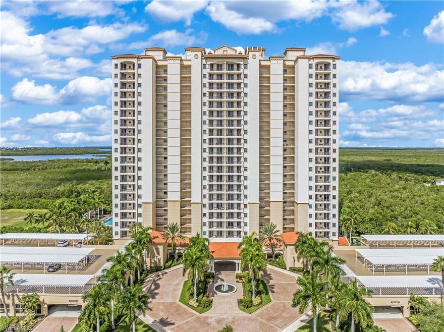 Welcome to a truly stunning home with magnificent panoramic lush tropical water views as well as both sunrise & sunsets views from the Lanai. This end unit is one of the most highly desirable floor-plans & embraces you with a spacious open concept living & dining area, 3 beautiful en-suites, & half bath. The kitchen highlights include white cabinets, Stainless appliances, granite counters, & custom tile backsplash. Enjoy the expansive wrap-around screened lanai perfect for entertaining friends & family. The owner’s suite has plenty of room to relax with its own lanai access & the en-suite offers a deep soaking tub, comfort height dual vanities & walk in glass shower. Two additional guest suites w/their own lanai offers stunning golf course views. The Serano Tower has amazing amenities, fitness center, resort pool & spa, pool cabanas, open lanai, theater, BBQ area, guest suites, theater, & gorgeous social room & lobby. The condo fees include everything, even cable/internet leaving only the electric & interior condo insurance! There are multiple golf courses in the area to choose from as well as great tennis options. Only minutes from THE BEST SW FL shopping, restaurants & beaches!