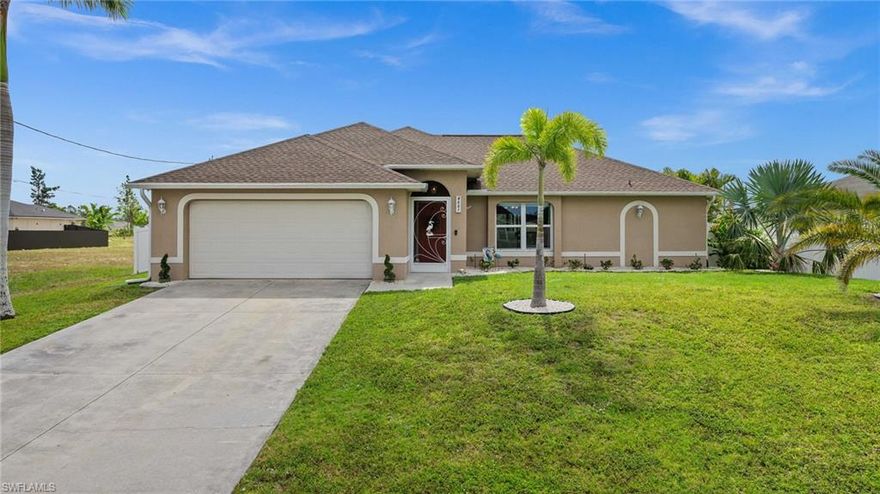 Escape to your own private oasis with this stunning 3-bedroom, 2-bathroom home. Beautifully decorated and boasting a saltwater pool, this home offers a perfect blend of style and serenity. The open floor plan creates a spacious and inviting atmosphere.
The well-appointed kitchen is a dream for any chef, featuring modern stainless steel appliances and ample storage space. Adjacent to the kitchen is the dining area, where you can enjoy meals while taking in the lush views of the backyard, seamlessly connecting indoor and outdoor living.
With split bedrooms, this home provides versatile space ensuring everyone feels comfortable and at home.
The outdoor space is truly a highlight, serving as a private sanctuary for relaxation and entertainment. Dive into the inviting saltwater pool, perfect for a refreshing swim, or unwind on the expansive patio while soaking up the sun. The beautifully landscaped backyard completes the tranquil setting, providing a sense of peace and seclusion. This home offers many new upgrades including a new roof in 2023.
Nestled in a quiet neighborhood in NE Cape Coral, with only a short drive to restaurants, shopping, golf courses, and nature parks.