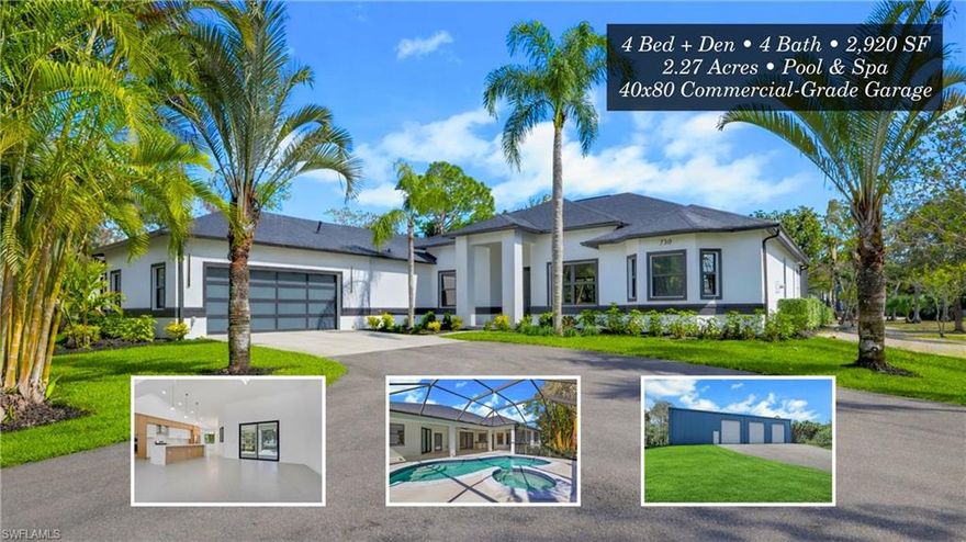 Golden Gate Estates – 2.27 Acres | Fully Renovated Pool Home + 40x80 Commercial-Grade Garage
Situated on 2.27 fully fenced and gated acres just off White Blvd and approximately 2 miles from Collier Blvd and Pine Ridge Rd, this Golden Gate Estates property offers privacy, flexibility, and substantial infrastructure with no HOA restrictions. Horses, chickens, trucks, and recreational vehicles are permitted.
The nearly 3,000 square foot concrete block residence features 4 bedrooms plus a den and 4 full bathrooms in a sprawling split floor plan with high ceilings throughout. The home has been extensively updated with impact doors and windows, new impact front doors, brand new interior doors, fresh interior and exterior paint, new lighting throughout, and new flooring throughout.
The completely updated kitchen includes brand new cabinetry with soft-close features, new appliances, new gas range, center island, and pantry.
All bathrooms have been fully renovated. The primary suite overlooks the pool and lanai and includes double walk-in closets, dual vanities, a soaking tub, and a separate walk-in shower. A full pool bath provides convenient direct lanai access.
Outdoor living is designed for year-round enjoyment with a heated saltwater pool, in-ground spa, large covered lanai area, and operational outdoor kitchen. The pool heater and pool pump were replaced in 2024.
Major mechanical and infrastructure upgrades include a 2022 roof, replaced AC system with UV filter and updated ductwork, whole house reverse osmosis system, well pump replaced in 2024, updated irrigation system, whole house surge protector, and a newer 250-gallon propane tank.
What truly distinguishes this property is the 40x80 commercial-grade garage totaling approximately 3,200 square feet. This brand new structure includes four 18-foot garage doors with pull-through access, private office, full bathroom, separate water service, separate sewer, and separate electric service. Extensive asphalt work and a long driveway lead to the outbuilding, making it ideal for commercial vehicles, car collectors, storage, or business use.
The grounds feature lush landscaping, a winding driveway approach, expansive usable yard space, asphalt driveway improvements, and mature producing fruit trees including mango, lime, and two varieties of avocado.
A rare opportunity to own a fully renovated estate with true commercial-grade infrastructure already in place.