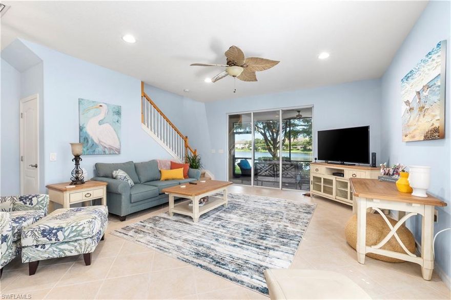 Rarely available end unit with a lake view! You can enjoy this 3/2.5 townhome that comes fully furnished! This floor plan boasts generous room sizes and plenty of storage. As you enter the front door, you are welcomed by an open floor plan with a kitchen, living, dining area and half bath. You can relax on your screened lanai while enjoying the lake view. Upstairs you will find three full bedrooms and 2 full baths. The washer and dryer are also upstairs for convenience. This condo does not have social or golf membership, but they are available for purchase. Located in Verandah, which is two miles east of I-75 and convenient to shopping, dining and entertainment.