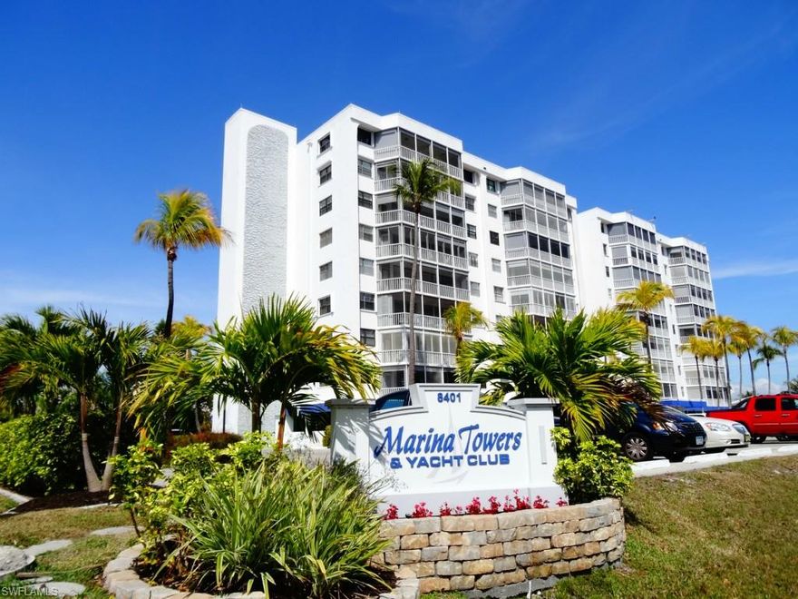 RARELY AVAIABLE LARGE FLOOR PLAN CONDO ON THE VERY SOUTH TIP OF THE ISLAND CONDO WITH HUGE SCREENED LANAI IN A BACK BAY BOATING COMMUNITY ON FORT MYERS BEACH? NEW A/C AND STORM SHUTTERS WITH SCREENS. South end  Location of the Island means just minutes to shopping, fine and casual dining, entertainment and the beautiful sandy beach only a walk across Estero Blvd. Marina Towers has many amenities - Clubhouse and exercise room with beautiful views of the Back Bay, large pool with spa Boat Docks, Boat Ramp, Beach and a fishing pier. Watch the dolphins play, walk the beach from under the Bridge and enjoy this beautiful lifestyle in Paradise!  Tranquil Lovers Key State Park only a walk over Big Carlos Pass.  Bonita, Naples and Air Port only minutes away by car.  Boat slips and under building parking available on sign-up basis.  Realtors, Showing Instructions are in Confidential Remarks.....