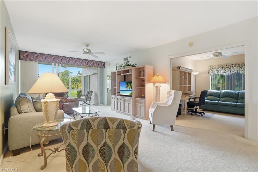 Why spend another winter freezing up north, when you can enjoy the warmth of a Southwest Florida winter? Well priced and a rarely available first-floor corner end unit in the beautifully maintained and amenity-rich community of Breckenridge - make this home yours today! This home offers exceptional privacy, and an abundance of natural light. Located on the end of the building, this unit boasts plenty of windows. This well-designed 3-bedroom, 2-bath residence features a spacious layout ideal for both everyday living and entertaining, with serene views of the lake, fountain, and golf course. The kitchen is appointed with Corian countertops, ample cabinetry, and a charming breakfast area, while the open living space flows seamlessly to a tiled, screened lanai—perfect for enjoying peaceful mornings, tropical birds, and tranquil water views. The view from the lanai is one of the best in the community!
The primary suite is generously sized with a large walk-in closet and a beautiful bay window, while the front guest bedroom also features a bay window, adding character and charm. Additional highlights include a newer roof (5 years), A/C (6 years), a large exterior storage closet, and covered parking conveniently located just outside the residence. Ideally situated within the first gate, this home offers a quieter, more intimate setting within the community, surrounded by lush greenery for added privacy.
Breckenridge is a vibrant, welcoming community comprised of 842 residences overlooking five scenic lakes. Residents enjoy an active lifestyle with five swimming pools, an 18-hole Par 3 bundled golf course, eight lighted Har-Tru tennis courts, pickleball, bocce, and a beautifully appointed clubhouse featuring a fitness center, library, catering kitchen, and gathering spaces. A full calendar of social activities includes card groups, fitness classes, themed events, dinner dances, and live entertainment. Conveniently located near shopping, dining, healthcare, Coconut Point Mall, Miromar Outlets, the airport, and just a short drive to the Gulf beaches, Breckenridge offers low fees, exceptional amenities, and a true sense of community—making this a wonderful opportunity to own your piece of paradise.