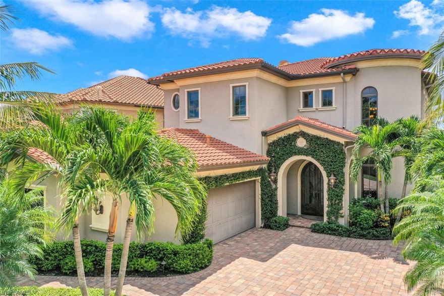 Spectacular lake views! Two story contemporary Mediterranean inspired home situated on a wide
stretch of private, white sandy beach in the exclusive Costa Amalfi community at Miromar Lakes.
Flowing transitions between luxurious interior rooms that open up to outdoor living areas are the
hallmark of the beachfront lifestyle here. Spanning over 4400 sq. feet of living space this 5-bedroom
home plus a den has 5 full en-suite baths and 2 ½ baths. Enter the home through a gracious foyer with a
winding stairway and private elevator to the second floor. The open concept first level was thoughtfully
designed with a Tuscan flair. A grand gourmet kitchen with an island flows to a spacious living area and
an inviting circular dining room. Step from the luxurious first floor Master suite directly out to the lanai
for a dip or take in the stunning vista from the upper floor loft balcony. Entertain poolside on the fully
equipped waterfront lanai conveniently outfitted with a kitchen, pool, spa, and stunning waterfall
feature. 
Five-star resort amenities at Miromar and breathtaking sunsets included