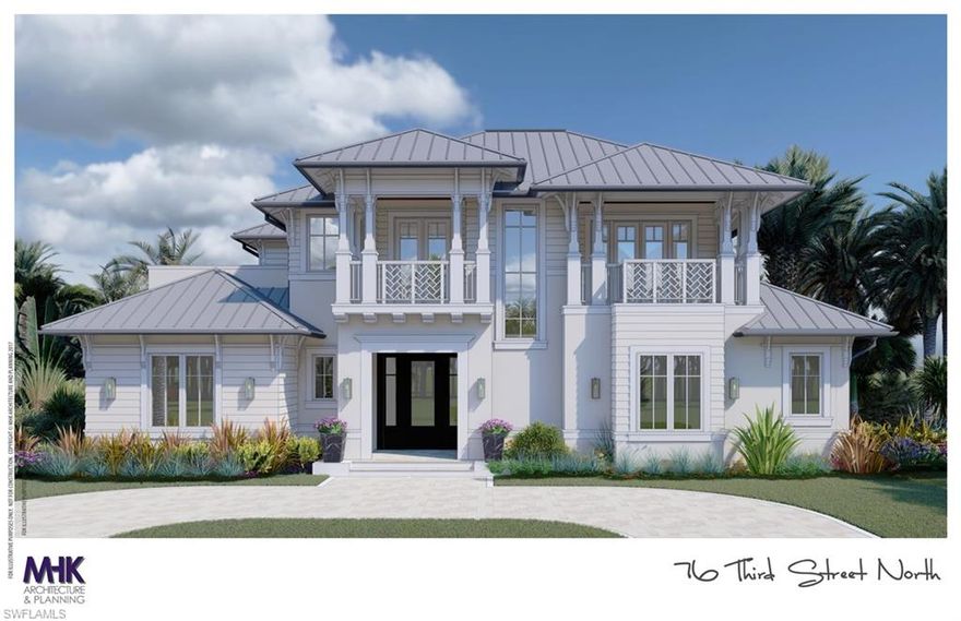 Exceptional Old Florida Style new construction home meticulously designed by famed architectural firm MHK & masterfully constructed by Waterside Builders. The graceful entry gives way to an open living and dining space with a gas fireplace, creating a fantastic focal point alongside the outdoor views. The gourmet kitchen includes top of the line appliances, superior cabinetry, breakfast bar, and oversized walk-in pantry. The secluded Master Suite boasts a separate outdoor seating area that is complemented with an elegant bath featuring dual vanities and walk in closets. As you pass through the cascading glass doors into the indoor/outdoor living space, you are greeted with intimate entertaining spaces, beautifully conceived gardens, and pool with infinity edge spa creating the ultimate ambiance. The second level features three guest suites and an additional living space that opens to a covered balcony perfect for enjoying sunset vistas. Positioned only 2 blocks to Naples’ famous sugar sand beaches, and six blocks from celebrated 5th Avenue South.