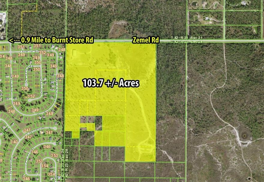 This 103.7 +/- acre property was taken through the development process back in 2006 but never made it to the finish line. The owner is now looking for that buyer looking for an ideal development piece. According to Charlotte County Development Office, the density can be 5 units per acre but then when you put in drainage, etc. the remaining density will be 3.8 per acre. That makes 391 units. The previous project was called Prince Ranch if you want to reference that when calling the development office.  This area is BOOMING and new developments coming in all around. This parcel is the closest to Burnt Store Road so don't miss out. The 300+ acres to the North of this is under contract with a big new neighborhood already in process. DO NOT visit the property without an appointment. The owner is at the property regularly and wants only scheduled showings.