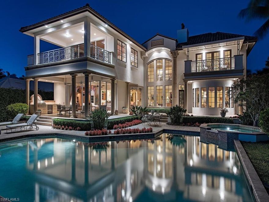 Considered by many to be the best, protected water views afforded in Port Royal. This unique position on Treasure Cove offers expansive, long water views south over the waterway. Unique in it's placement, abundant sunshine warms the pool and outdoor living areas, while providing much sought after shade on the covered lanai during the warmer months in the afternoon; the ideal position. The home offers over 7,500 square feet of gracious interior living space, and has been meticulously maintained by the only owners since new. Master bedroom is on the ground level as well as the office and library with 4 guest bedrooms, media room and a fantastic guest master suite on the second level. A Port Royal Club membership eligible property.