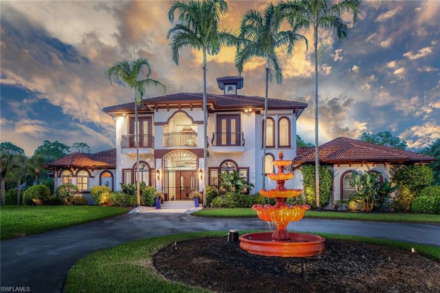 This lovely Livingston Woods home is situated on over 2.7 acres across from the Community School of Naples. It features an exceptional outdoor entertainment space, with a pool, spa, fire pit, outdoor kitchen and bar and is fenced and buffered by lush landscaping. Kids of all ages will enjoy the multi-sport court and tree house. This spacious open concept house with soaring ceilings offers an expansive ground level master with a private sitting area and four closets including two walk-ins, a ground level guest bedroom suite, open kitchen with brand new stainless appliances, family room, living and dining rooms and a sunny office. The upper level offers two additional guest suites and an open media loft. The property is accessed by a gated circular driveway and is in close proximity to shopping, restaurants and is an easy drive to the beach.