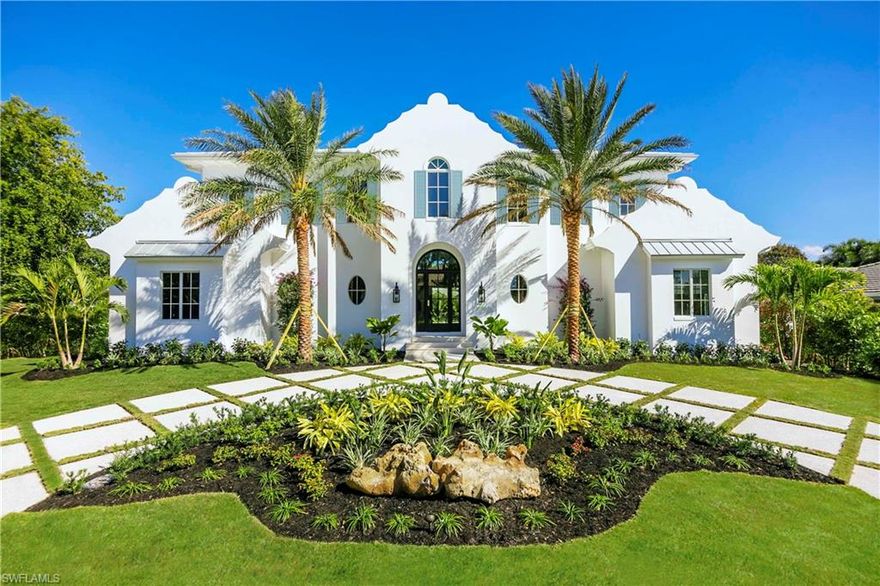 This extraordinary NEW CONSTRUCTION Park Shore residence artfully embodies Dutch West Indies architecture with clean lines, Dutch gables, and louvered shutters. The entry boasts a soaring 24-ft ceiling above the foyer where a wood herringbone inlay joins the wide plank French oak floors gracing the rest of the home. A marriage of California Coastal Modern and warm organic materials is exemplified in the open-concept great room where a concrete accent wall is softened by whitewashed cedar ceiling beams, and in the kitchen, where the double waterfall island with Calcutta gold top and white shaker style cabinets are offset by a lime washed stone backsplash. In the master suite, antique barn doors lead to the bath featuring walnut vanities, white quartz tops, large shower, and freestanding tub. Outdoors, the expansive lanai, outdoor kitchen, and fireplace overlook the oversized pool, and a spiral staircase ascends to a fantastic 2nd-floor sundeck. Upstairs is a 2nd master, 2 guest suites, and a generous game-room. Property owners are eligible to join the Park Shore Association for private beach access and boat slips are available to purchase or rent at the Venetian Bay Yacht Club.