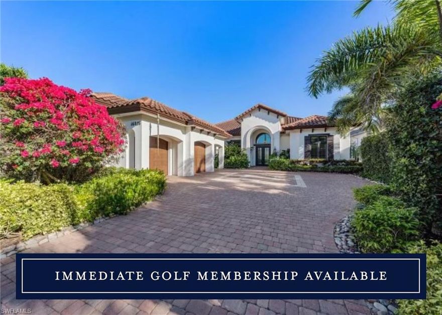 IMMEDIATE GOLF MEMBERSHIP with golf cart. A southern exposure, Model-home provenance on one of the most desirable street in Talis Park, this 3-bedroom with den/office/flex space coastal retreat presents a 180° panorama across a shimmering pond—where bald eagles and pelicans dip into for a bite—sitting on the Newly resurfaced Dye/Norman–overviewing of the 8th fairway,  setting a distinctly Resort tone. Inside, 14-foot vaulted ceilings and expansive glass bathe the interiors in natural light, while an entertainer’s kitchen—with double islands, double wall ovens, and refined designer finishes—flows seamlessly into a 29'×20' great room with floor to ceiling glass sliders giving Florida living at its best, full bar, and dining area; the private owner’s suite offers a generous bath & separate dual headed shower area, complemented by two en-suite guest rooms, all with walk-in closets, and a discreet office/den/flex space room . Beyond, a screened outdoor pavilion presents two lounge areas anchored by a fireplace/TV and a well-appointed summer kitchen with dining , all overlooking a pool SECLUDED from "cart paths" with a pond view for rare privacy; three Air-conditioned garage bays with custom built cabinets , newly electronic Auto/wifi CAT-5 Hurricane shutterblinds, Brand new whole house generac generator, pool heater & main AC has been replace last year, completes this residence.  Home being sold furnished.