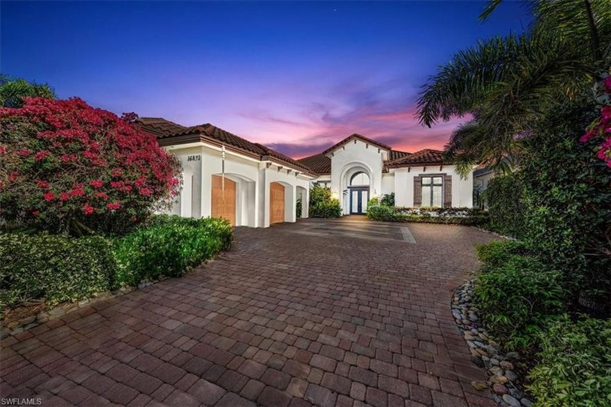 IMMEDIATE GOLF MEMBERSHIP with golf cart. A southern exposure, Model-home provenance on one of the most desirable street in Talis Park, this 3-bedroom with den/office/flex space coastal retreat presents a 180° panorama across a shimmering pond—where bald eagles and pelicans dip into for a bite—sitting on the Newly resurfaced Dye/Norman–overviewing of the 8th fairway,  setting a distinctly Resort tone. Inside, 14-foot vaulted ceilings and expansive glass bathe the interiors in natural light, while an entertainer’s kitchen—with double islands, double wall ovens, and refined designer finishes—flows seamlessly into a 29'×20' great room with floor to ceiling glass sliders giving Florida living at its best, full bar, and dining area; the private owner’s suite offers a generous bath & separate dual headed shower area, complemented by two en-suite guest rooms, all with walk-in closets, and a discreet office/den/flex space room . Beyond, a screened outdoor pavilion presents two lounge areas anchored by a fireplace/TV and a well-appointed summer kitchen with dining , all overlooking a pool SECLUDED from "cart paths" with a pond view for rare privacy; three Air-conditioned garage bays with custom built cabinets , newly electronic Auto/wifi CAT-5 Hurricane shutterblinds, Brand new whole house generac generator, pool heater & main AC has been replace last year, completes this residence.  Home being sold furnished.