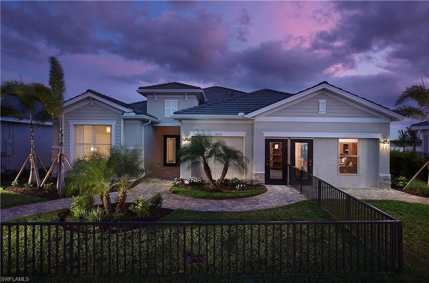 The Summerville floor plan with 2,444 sq ft at LaMorada, N Naples, sits on a 67x150 home site with a private beautiful, landscaped view.  The home has a great room with coiffured ceiling, kitchen with natural gas appliances and over sized counter height island, dining area, and den, 3 car garage. Large master with sliders to lanai, WICs, large shower with separate tub. Two guest rooms with full baths. Large lanai with pool, spa, outdoor kitchen.  No CDD. Gulf Coast HS district. Club LaMorada is 13,700 sq ft with a beautiful pool, spa, outdoor bar with food and beverage service, culinary arts room with cooking demonstrations, theater, social room, upscale large gym and yoga studio. Outdoor activities include tennis, pickle ball, bocce ball and a dog park. Ready for fall 2017.