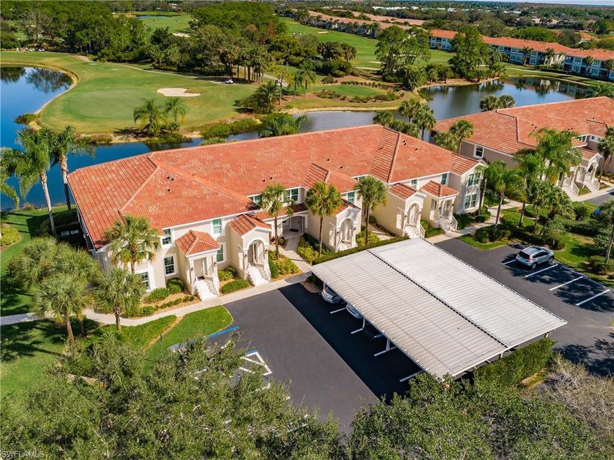 Great opportunity to own this charming first floor condo in Spring Run at the Brooks. Relax on your spacious screened in lanai and enjoy a gorgeous view of the lake and the 6th green. There is ample storage and counter space in the kitchen which has been upgraded with Wood Cabinetry, Stainless Steel Appliances, Granite Countertops and an elegant Tile Backsplash. Lots of natural light throughout and the living areas have easy maintenance ceramic tile floors, including the lanai and the master bedroom. The large master bath boasts a fully tiled glass enclosed shower and dual vanities. New hurricane impact windows and a new dishwasher are being installed soon. The Hot Water Heater and A/C were replaced in 2015 and the A/C was serviced this week. The roof was replaced in 2020. Spring Run offers bundled golf with clubhouse amenities including casual and fine dining along with Tennis Courts, Bocce Ball, Community Pool, Art Classes, Golf and a Fitness Room. Centrally located minutes away from Coconut Point Mall, restaurants and medical facilities. Enjoy the best that SW Florida has to offer right in your own community. Come and see this lovely condo before it’s gone!