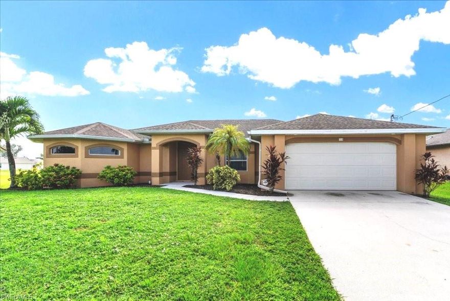 $10,000 back w/acceptable offer. Use for new carpet, closing costs or whatever. Highly desired neighborhood with city utilities in Burnt Store Rd area of western Cape Coral. Large 3Bed+Den (Office) with an open floorplan. 8FT sliders lead to the large screened lanai that overlooks the shady backyard. Yard is staggered from those behind so you don't look directly at your neighbor sitting on his lanai. HUGE master suite has sliding doors leading to the lanai (great place to add a hot tub), a large walk-thru shower, soaking tub, private toilet closet, 2 HUGE closets, twin sinks, etc. Multiple niches, elevated plant shelves, and vaulted ceilings provide architectural features not typically seen at this price point. Location is near Jim Jeffers Park on quiet side street notthoroughfare to nearby charter school. The large kitchen overlooks the living area and also has a huge view of the backyard. The pantry and laundry room provide additional storage. Convenient to schools, shopping, major roads. Easy access to I-75 via Burnt Store Rd or Veterans Pky or Ft Myers. Great home for snowbird, year round resident or rental! Royal Tee and Coral Oaks Golf just blocks! Professional photos coming!