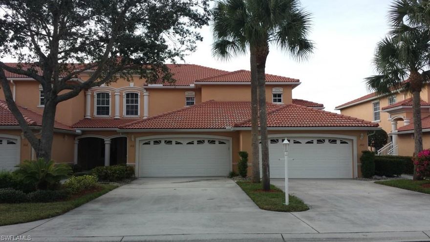 A rare groundfloor condo with an attached double car garage in a truly beautiful community. This two bedroom two bath condo with a separate open den or office is just what you have been looking for. The home has been freshly painted and has new carpet.  There is a wonderful view of the large lake from the livingroom, kitchen and master bedroom. The condo has high ceilings and features a wonderful open plan. Master bedroom has a large walk-in closet and spacious master bath with double sinks. The kitchen is light and bright and lends itself to comfortable entertaining. Enjoy beautiful sunsets each evening from the lanai. There are sliding plexiglass doors over the screen to create an area that can be enjoyed year round. The community has easy access to the Airport, I-75, wonderful shopping dining and is a comfortable drive to the beaches. The condo has been used by the owner on a seasonal basis and it is in beautiful condition. It is being sold furnished. Call for a private viewing of the beautiful property