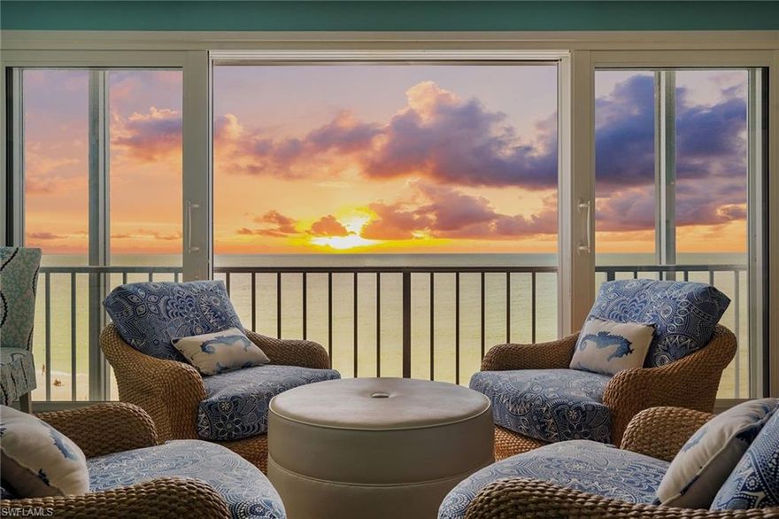 Spectacular gulf, beach and bay views from this chic, luxury beachfront residence in the Gramercy, an intimate and private, boutique beachfront building with 8 floors, 24 residences and three units per floor. This 6th floor, desirable southwest corner residence features stunning views of both the Gulf of Mexico & Moorings Bay. Three bedrooms plus an office/den, 4-full and one-half-baths features a private dual bath master suite. Wide panoramic Gulf and beach views are showcased from the open dining area, great room and enclosed large wraparound gulf facing terrace, protected with Impact sliding glass doors, screens and electric shutters. Highlights include a gourmet kitchen with luxury appliances and morning balcony with bay views, wood flooring, electric window coverings, crown molding, walk-in closets, wet bar and 2 private garages. Gramercy has just undergone common area improvements including a new pool, fitness room, landscaping, fire pit area & more. Gramercy is located minutes from fabulous shopping and dining at Venetian Village, Waterside Shops and downtown 5th Ave and 3rd St S. Privately owned Beachside Cabana is not included in the sale, but may be purchased separately.