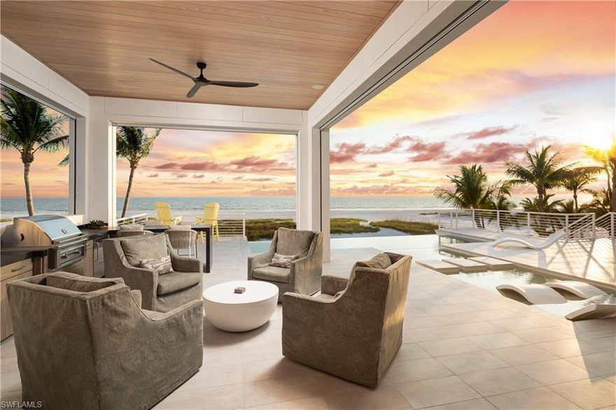 2023-BUILT DIRECT BEACHFRONT MASTERPIECE LOCATED ON FORT MYERS BEACH WITH PANORAMIC BEACH AND GULF VIEWS! No details were overlooked while meticulously crafting this architectural marvel, from white oak and tile flooring to soaring high tray ceilings with wood paneling. This coastal haven offers a wide-open floor plan with 4 bedrooms + den including a main level VIP suite, 4 bathrooms, 2 half baths, dual laundries & a garage with room for 9+ cars. Step outside into your backyard paradise and enjoy the oversized pool deck with a saltwater infinity pool, spa, sun shelf, fireplace, summer kitchen, pool bath & outdoor shower, creating the perfect space for entertaining. Coveted Southwestern exposure offers prime sun on the pool & picture-perfect sunsets over the Gulf of Mexico all the way to Sanibel & Naples. Incredible chef’s kitchen features quartz countertops, white cabinetry, Thermador appliances including a full-sized wine fridge & a butler’s pantry with a professional grade, extra wide fridge/freezer, sink, washer/dryer and ample storage space. The spacious primary suite is the ultimate private oasis with breathtaking Gulf views, private lanai, and a spa-like bathroom with dual water closets, dual vanities, stand-alone tub & a shower with multiple shower heads. Other state-of-the-art features include a private elevator, hurricane impact windows/sliders, electric storm shutters, interior electric screens, Lutron lighting system & surround sound system. This coastal contemporary home is built by highly regarded Gary W Lau, Inc. Custom Homes. Prime location on a peaceful stretch of South Estero Island close to many fantastic restaurants and easy access to Lovers Key/Bonita Beach. This is the pinnacle of luxury beachfront living.