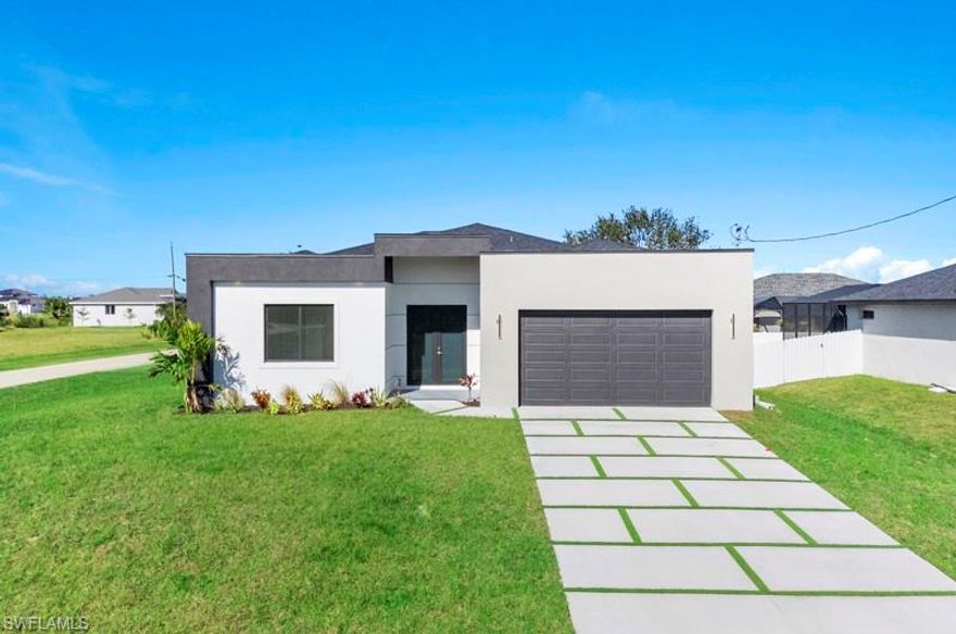 Discover this stunning, move-in-ready new construction home offering 1,904 sq ft of living area located in the fastest-growing area of Cape Coral. Featuring a sleek contemporary layout with 10-foot ceilings and elegant tile flooring throughout, this residence boasts 4 spacious bedrooms and 3 stylish bathrooms. Enjoy a gourmet kitchen with white cabinetry, quartz countertops in both the kitchen and bathrooms, and stainless steel appliances. Bathrooms feature frameless glass-enclosed showers, adding a luxurious touch. A washer and dryer are also included for your convenience. The open floor plan seamlessly connects living, dining, and kitchen areas, while the private backyard offers a peaceful retreat. Built with Stem Wall foundation for enhanced elevation and structural strength, this home also features impact-resistant windows and doors, automatic garage door, irrigation system, and high-end finishes throughout. This property is ideal for families, snowbirds, or investors. Plus, it includes a builder’s warranty 1-2 years and 10-year structural coverage offering peace of mind for years to come. Don’t miss this incredible opportunity to own a high-quality home in a booming location!-WITH SHELVES, FILTER AND BLINDS