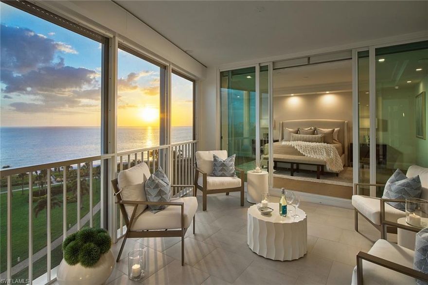 Exquisitely designed with timeless and luxurious finishes, this sixth-floor residence is paradise in the sky. Unobstructed Gulf views sweeping to the south are unmatched and provide the perfect backdrop for the impeccably renovated interior space. Wide-plank wood flooring, beamed ceilings with modern LED lighting and re-imagined open floor plan are just the beginning. The stunning kitchen is sure to impress with a crisp quartzite waterfall-edge island complete with pairs of both wine refrigerators and beverage refrigerators, sleek wall appliances, two sinks and all seamlessly opening to the dining and great room. The peaceful master suite has access to the Gulf-facing lanai and offers two well-built-out closets and a spacious bath with custom floating cabinets. Guests will appreciate the spacious en-suite guest bedroom and den, which is easily used as a bedroom, two spacious lanais and the ideal location in the heart of Park Shore. Le Ciel Park Tower is a highly sought-after Park Shore high-rise right on the sand and presents amazing recently renovated amenities inclusive of a beachfront pavilion, resort-like pool, light and bright fitness center and party room.