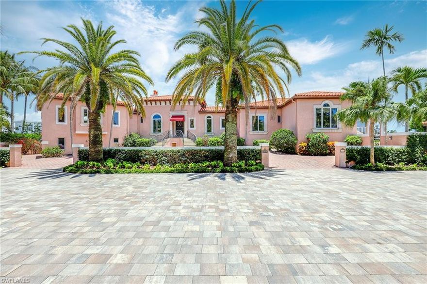 An exceptional and rare opportunity to live on a private island on Venetian Bay in Park Shore. This one-of-a-kind home features a beautiful grand entryway which leads into the main living area boasting high ceilings, antique fireplace and wraparound waterfront views. Enjoy a magnificent sunrise from the expansive master bedroom and den, while two additional en-suite guest rooms boast western views to capture the iconic Naples sunsets. In addition, the home features two large docks on either side of the property, providing a perfect home for your boats or watercraft. The wide-open, covered patio and inviting outdoor pool and spa complete this Venetian-style oasis. The residence is just steps to the private beach access and shopping and dining at The Village.