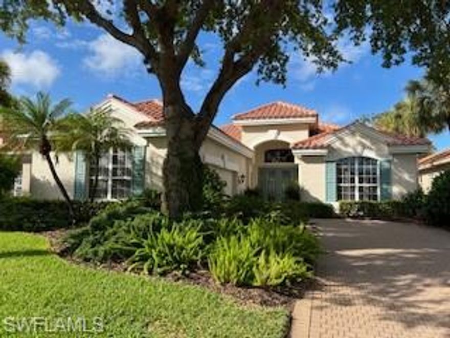 FULL GOLF MEMBERSHIP available with purchase of this turnkey 3 bedroom + den (or dining room), 2.5 bath home, 2 car oversized attached garage, desirable southwest facing enlarged lanai with natural gas heated pool, wet bar sink and refrigerator. New roof installed 2020, HVAC replaced 2017. Electrically powered fabric screen hurricane protection on lanai. Lanai view is #4 fairway of the south course. Master bedroom is enlarged with space for a sitting area. Plantation shutters throughout. Kitchen with loads of custom cabinetry, center island, double door pantry, granite counters. Breakfast morning room adjacent to kitchen with mitered glass window showcasing the lanai, pool and golf course. Ginger Pointe is a 5 minute walk to the clubhouse and all sports amenities. Shadow Wood Country Club offers formal and casual dining, 3 / 18-hole golf courses, 9 Har Tru clay tennis courts and 3 bocce ball courts. Later this year additional features will include a large resort pool, dedicated kids pool, poolside dining and beverage service and 6 indoor airconditioned pickleball courts.  Access to The Commons Club is across a nearby boardwalk...no need to drive, fitness center warm-up by walking or biking. Shadow Wood is approximately 20 minutes to Gulf beaches and the airport. Five minute drive to Coconut Point outdoor mall for shopping and dozens of restaurant opportunities.