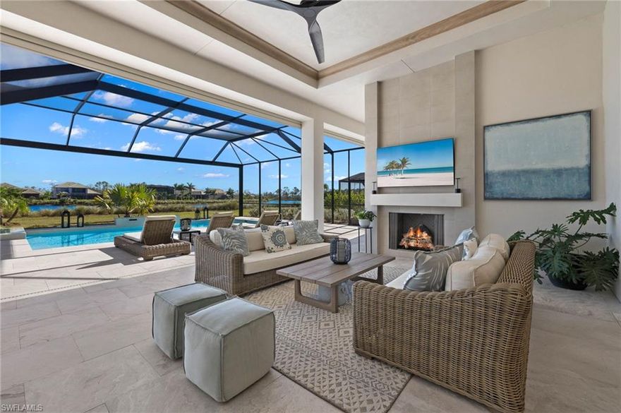 Smart elegance and sophistication of design is found in every square inch of this exceptional Isles of Collier Preserve home. If that is not enough, this home is situated on a low density cul-de-sac, the south facing lot backs up to the only natural waterway in The Isles (Cypress Waterway). The huge extended lanai takes in long water views, as do many of the rooms within the house. Neutral color palette throughout. The white oak hardwood flooring seen in much of the living area, works nicely off the custom wood ceiling detail. Gourmet kitchen equipped with high end JA Appliances, large island with seating for 4, adjacent dining space and wet bar that offer long water views. The pool has loads of space for lounges, seating and entertaining. Expansive covered outdoor space features dining and seating areas, an outdoor kitchen with gas grill, gas fireplace and much more. Whole house generator, remote storm shades, custom window treatments, high-end ceiling fans and fixtures throughout. This home provides a cohesive design and feel. Luxury amenities, pickleball, tennis, resort style pools and fitness. Just minutes to Old Naples, world class beaches and Hamilton Harbor Yacht Club.