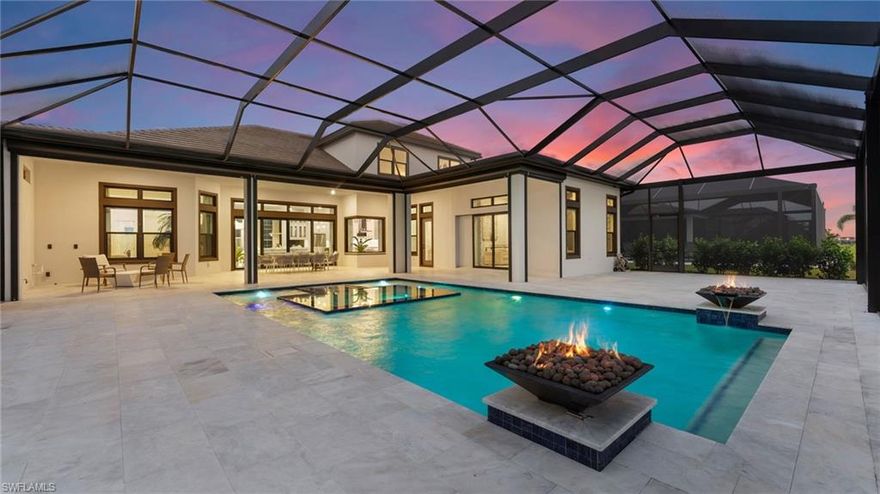 Experience waterfront luxury at its finest in this highly sought-after prime Southern facing lake-front estate in Fort Myers hottest new community of Esplanade Lake Club! 1 of only 30 Estate waterfront lots in Esplanade Lake Club! This brand-new, custom-built Beacon model by Taylor Morrison features a new boat dock and an expansive view of Lake Como spanning 4,812 square feet. This sophisticated home offers an open-concept layout with 4 bedrooms + den, 5 full baths, a 1 half bath, and a 3-car garage. The first-floor primary suite offers a spa-like experience with a luxurious en-suite bathroom and generous walk-in closets. Additional highlights include a designer kitchen equipped with two dishwashers and a pot filler,  Everpure water filter, Kitchenaid ice maker, GÈ Stainless steel appliances, beverage fridge, oversized Quartz island & walk-in pantry. Other features include: Sonos system throughout, hurricane-rated windows and doors, an EV charger, tankless water heater, full home Culligan water softener & gorgeous living room built-in 33’ wall unit with custom lighting and built-in fireplace.  An upstairs bonus room, complete with a wet bar (including a dishwasher, mini refrigerator, and microwave), is perfect for entertaining. This home also boasts an extra flex room on the main level, ideal for any lifestyle needs. Every detail was thoughtfully curated by the renowned Clive Daniel design team, making this property a true masterpiece of style and functionality. Expansive outdoor picture screened lanai is a true paradise with brand new custom heated salt-water pool & spa (38 X 20) with sun-shelves, marble tiles, lighting fire bowls & sunning porch. Esplanade Lake Club is a gated lakefront resort-style community spanning 778 acres and positioned around the 352 Lake Como. Discover an active yet relaxing lifestyle with amenities including: resort-style pool, lake front beach, fitness center, Bahama Bar and Grille, tennis, Pickleball and bocce courts, dog park, community boat ramp, kayak launch, walking trails, Lifestyle manager & more! Move in ready, OFFERED FURNISHED! Claim your slice in paradise today!