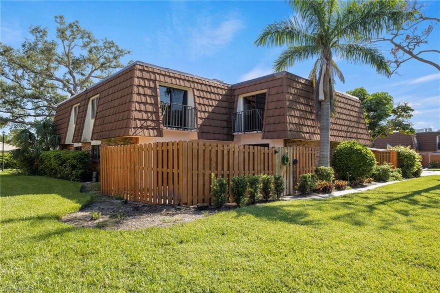 Located next to the gated McGregor Reserve, you will find the adorable Hamlet Community which boasts beautiful trees and walking paths. This community has some of the lowest HOA fees in Fort Myers and IS NOT IN A FLOOD ZONE and did not flood during Ian. Upon entering, you'll be greeted by a fully fenced, private courtyard providing the perfect space for outdoor relaxation or hosting guests. The first floor features a half bath and a large walk in laundry room. The kitchen and living room both open up to the courtyard through sliders, creating an ideal setting for entertaining friends and family. Upstairs, two of the bedrooms offer a private balcony. The Hamlet community also offers a heated pool located within walking distance of this unit and is a pet-friendly environment. Roof is 2019 and partial new fence.