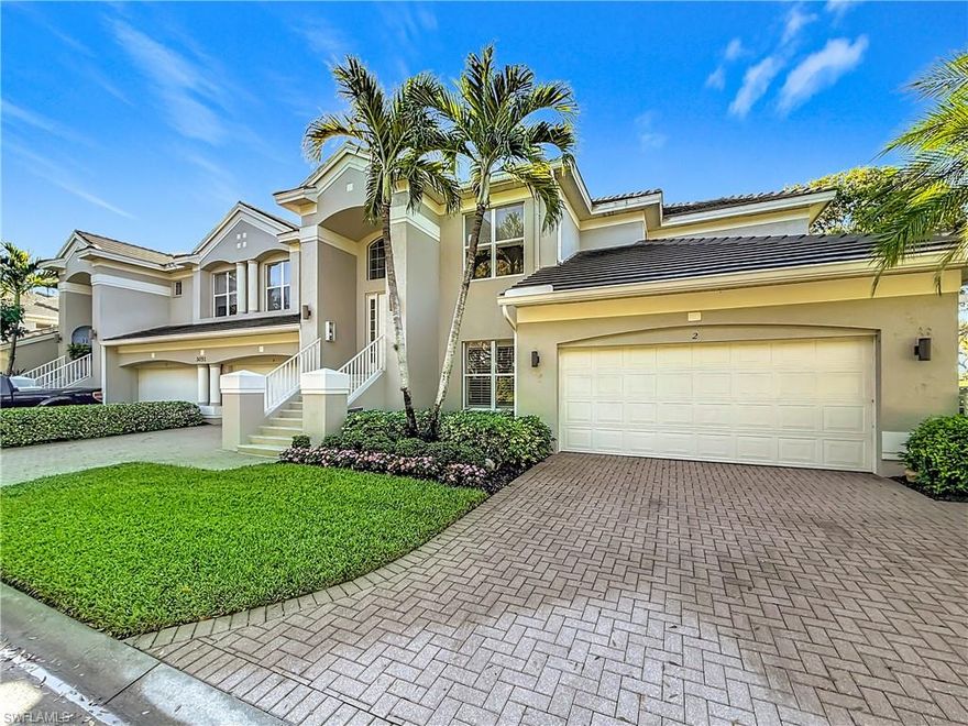 Elegant FIRST FLOOR ranch unit overlooking sparkling water, stunning golf course views, and beautiful landscaping. Enjoy relaxing in the large, screened lanai enjoying nature, wildlife and the putting green. Electric shutters in the Lania. Kitchen offers Quartz countertops, plenty of white cabinets, stainless appliances, breakfast bar, room for a table with a fabulous view! Spacious living /dining area perfect for entertaining. Den/office with glass French doors. Large master suite includes volume ceiling, fan, Plantation Shutters, enjoy walk in closet, walk in shower, spa, dual sinks and quartz countertops. Guest bedroom wood like floors, walk in shower. Kensington is located in a much-wanted location in Renowned Naples. So many stores and restaurants close by. Close to the beach, Mercato and downtown Naples. Kensington social membership is available including a brand-new State of the Art Clubhouse that offers dining, resort pool, fitness center, Tennis, bocce ball, and pickleball plus so many social activities. AIR CONDITIONER DEC 2025!