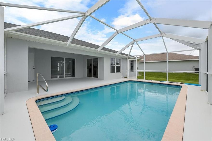 New 2024 roof, 2022 A/C, and a sparkling private pool overlooking peaceful green space—this beautifully updated 3 bedroom + den, 2 bath home delivers true move-in-ready comfort in NE Cape Coral. Step inside to an open, light-filled layout with neutral tile throughout, updated interior paint, and a spacious living and dining area perfect for gathering. The remodeled kitchen features granite counters, stainless steel appliances, modern cabinetry, and a breakfast bar ideal for everyday living. The split-bedroom design offers a private primary suite with a walk-in closet and a refreshed bathroom with dual sinks and a walk-in shower. The versatile den works perfectly as an office, playroom, or flex space. Step outdoors to your own backyard oasis—a screened-in pool and lanai with no rear neighbors, offering room to relax, entertain, and enjoy the Florida lifestyle. Additional highlights include an indoor laundry room, updated baths, a 2-car garage, and beautifully maintained landscaping. Conveniently located near shopping, dining, schools, and commuter routes, this home combines comfort, style, and peace of mind with major updates already done. This is the one you’ll want to see in person.