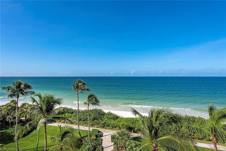 Rarely available southwest corner directly on the beach at the water's edge with absolutely breathtaking Gulf views and a luxurious wraparound balcony with sliding glass doors that can be enjoyed year-round. Park Plaza's #603 residence has three en-suite bedrooms with Gulf views and tastefully renovated bathrooms including a heated floor in the master bath. Over 3,500 square feet of A/C living area with high ceilings, sunken living room, formal dining area, eat-in kitchen with Thermador cooktop, Sub-Zero fridge and GE Profile wall oven, microwave and dishwasher. Expansive windows and sliding glass doors with electric shutters. Two parking spaces on the first level and abundant storage closets. This home resonates with graceful living and a time gone by. Beach Bar Pavilion at the pool, rooftop lounge, theater, bike storage, paddleboard & kayak storage, beautiful social room, three tennis/pickleball courts and nice fitness center.
