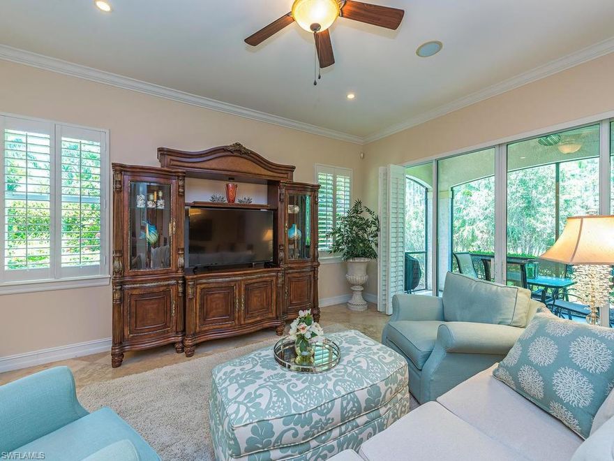 AMAZING PRICE REDUCTION!! ......Lots of natural light throughout this condo WITH soothing sounds from the lovely water feature of Castillo. A fully furnished, tastefully decorated condo in one of Tiburon's exclusive neighborhoods.Two bedrooms and  a den which could be a possible third bedroom.  Saturnia marble flooring, crown molding, recessed ceilings and recessed lighting, granite counter tops and back splashes in kitchen, stainless steel appliances, gas stove and oven and many built ins for the owners convenience. Hand crafted built-ins enhance the master bedroom and den.  Glass tile in master bathroom, delicate chandelier above the jetted tub, and glass tile flooring in the guest bath. There is a  tub/shower combination in the guest bathroom. Newer HVAC, gas hot water tank, newer air filtration system and stainless steel refrigerator within last 3 years.
This unit offers a lovely screened in lanai surrounded by Tiburon's amazing landscaping and a short distance to the community pool. Easy to show!