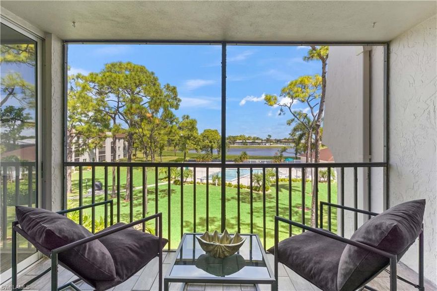 Fully Remodeled & Beautifully Furnished Lakefront Living! Discover refined coastal living a stunningly reimagined 2-bedroom, 2-bathroom residence where breathtaking long lake views greet you from every room. This home offers an effortless, move-in ready lifestyle with no detail overlooked. Every inch of this home has been thoughtfully remodeled with attention to both design and comfort. From the brand-new flooring and elegantly updated bathrooms to the custom kitchen featuring all new stainless-steel appliances, no detail has been overlooked. The home also features a new electric panel and a 2019 A/C system, ensuring modern comfort and peace of mind. The home is being offered fully furnished with tasteful, brand-new pieces, allowing you to settle in immediately — just bring your toothbrush. Step out onto your private lanai and enjoy tranquil mornings and golden sunset reflections over the lake! A daily reminder of why you chose this special place to call home. Nestled within a quiet, beautifully maintained community of Bonita Pines, you’ll enjoy exclusive access to a pool, tennis courts, pickleball and lush, landscaped grounds that invite a relaxed and active Florida lifestyle. Perfectly located just moments from Bonita’s pristine beaches, charming local shops, dining, and top-rated golf, this residence is ideal as a seasonal retreat, investment property, or full-time sanctuary. If you’ve been searching for a home that combines serene surroundings, and true turn-key convenience, look no further. This is the one!