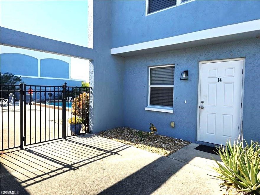 EXCELLENT RENTAL INCOME ROPERTY!  Convenient location in Southwest Cape Coral, a mile off Cape Coral Parkway & Skyline! This 2 bedroom, 1.5 bath townhome features an open floorplan with a kitchen pass through to dining area.  All appliances included - black refrigerator, faux wood blinds, microwave, dishwasher & stove, granite counter-tops. First floor 1/2 bath with 36" vanity with granite counter-top. Ceramic tile throughout townhouse! Laundry inside unit beneath the wooden staircase. detached carport right outside your front door! Unit is adjacent to Community pool & community room!  Central Water & Sewer!