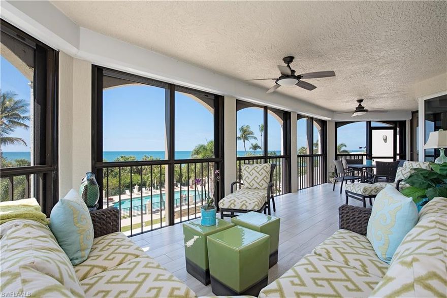 C.14627 - Who knew there’s a beautifully Re-Mastered VILLA secretly tucked away inside a 5-Star carefree Beachfront High-Rise located smack-on-the-sand! This stunning renovated JEWEL wraps the whole SW corner of Carlysle, recognized by “those-in-the-know” for private sweeping West Gulf-Front, plus secret & East verdant green garden views. But wait, there’s more! The piece-de-resistance is the unique, 100% your own, dedicated private outdoor stairway from your breezy-balmy GULF-FRONT lanai, winding down & landing at Carlysle's 5-Star resort-style pool, spa, grill stations, & 2½ miles of sugar white pristine sandy beach to call your own! Inside, the many Sun-filled, bright window walls pair perfectly with the refreshingly crisp interior design pallet, anchored by bold white 2’ x 4’ Italian plank porcelain tile flooring, complemented by sleek Carrara marble & white chef’s kitchen finishes, a Gulf front den + a Gulf-Front Master Suite with brilliant, dazzling sumptuous owner’s bath. Tucked away to the East are two generous En-Suite guest rooms, each sharing a sunrise lanai. Enjoy 3 included private beachfront dining clubs, attended beachfront services, and active tennis & fitness, too!