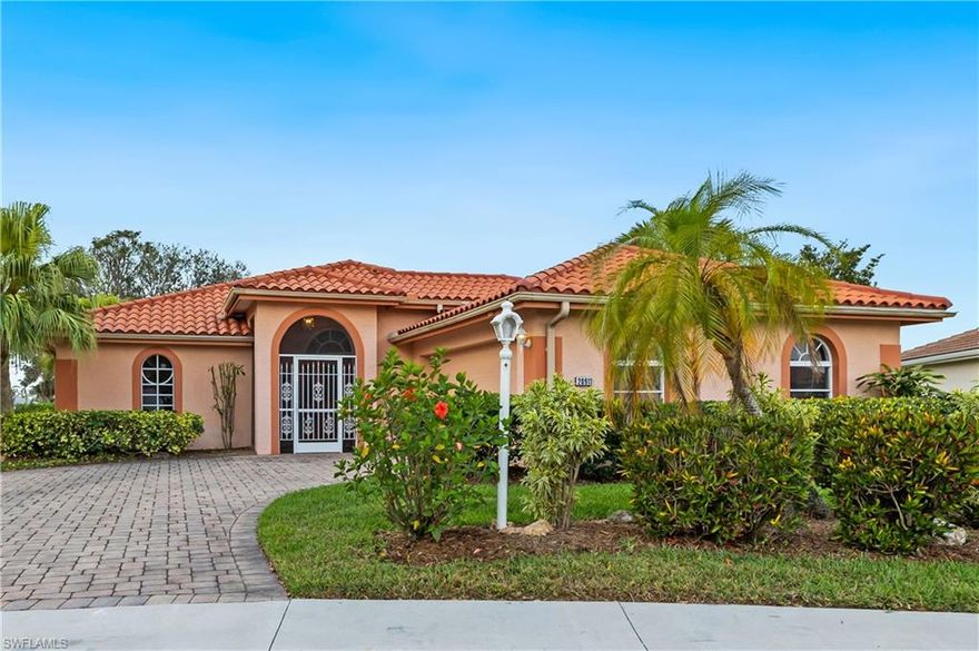 Popular Herons Glen community has another gem available.  This LeScala floorplan has vaulted ceilings for the open feel & is flooded with natural light.  The home is positioned on the lot to take advantage of privacy and a view of lush garden beds & pond. This model is rare because of the oversized driveway and side load garage. Garage has large mats which can be removed for easy cleaning, it also has many cabinets & work space. ROOF new 2020, Hot Water Htr 2019, HVAC system with air scrubber & air purifier 2022.  Granite counter tops in kitchen & both bathrms. Updated kitchen has nice pantry & sliding door to patio it also has a pocket door for privacy if needed. Front has etched glass door & side panels for morning light.  Follow to open dining to great room then flow into sun drenched Florida room ready for your touch. Perfect for den or sitting room. Primary bedroom has updated bath & custom walkin closet. This home is move in ready.  Herons Glen is one of the most sought after communities with golf course, restaurant, ballroom, pool, gym, pickleball & tennis too many amenities to mention.  Call today for your private tour.