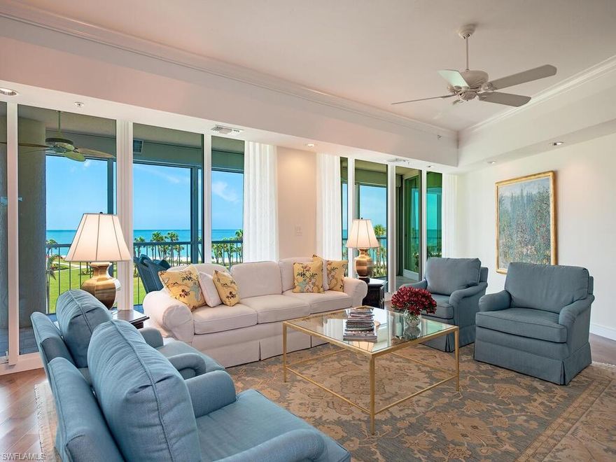 Experience the true luxury of a beachfront lifestyle from this 4th floor residence in the highly sought after and prestigious Le Ciel Park Tower. This 3-bedroom, 3-bathroom condo offers 3,000 sf of living space with expansive, picturesque views of the Gulf of Mexico and Venetian Bay. Floor-to-ceiling windows create an abundance of natural light in the living area flowing seamlessly to the west facing balcony where you can take in gulf breezes and gaze at beautiful sunsets. The well thought out floor plan boasts a grand kitchen & spacious master en-suite with walk in closets & luxurious master bathroom. Two guest en-suites have an east facing balcony to enjoy the morning sunrise or the twinkling city lights at nighttime. Additional features include hurricane protection throughout & two deeded 2nd floor secure parking spaces. Le Ciel Park Tower is a premier beachfront building that offers high end amenities including a pool and spa, grill area, exercise room, on site management, and 24-hour security. Residents have access to the Park Shore beach promenade and are just steps away from Venetian Village. Boat slips are available for lease or purchase at the Venetian Bay Yacht Club.