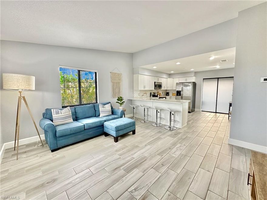 Come and relax your mind and body in this beautiful, 2-bedroom, 2-bathroom renovated condo perfectly located within walking distance to downtown Cape Coral. Spacious and fully equipped kitchen with stainless-steel appliances. Flooring throughout. Private washer and dryer inside this unit for your convenience. Screened balcony to enjoy our weather, reading a book, or enjoying your favorite beverage. Fully furnished, just bring your suitcase and enjoy the sunshine and our enjoyable beaches and weather. Step outside and discover nearby restaurants, shops, and local entertainment, just a short stroll away. Perfect for vacationers, business travelers, or seasonal guests, this property offers the ideal combination of location and comfort. Experience the best of Cape Coral right at your doorstep. Utilities and internet included.