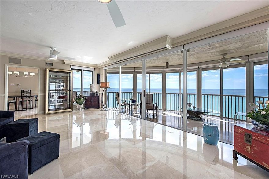 You’ll enjoy panoramic views of the Gulf of Mexico from this 16th-floor beachfront condominium in prestigious Bay Colony. A marble entryway leads you to a family room with breathtaking views of white sand beaches and stunning sunsets. This residence features three bedrooms and a den with views from every room. Enjoy Contessa’s newly converted salt water which is just a short walk to the Gulf of Mexico. Two assigned parking spaces and a storage locker are included with sale. New impact windows have recently been installed at Contessa and it was one of the few high rise buildings in Bay Colony that didn’t sustain any hurricane damage. Bay Colony Club membership privileges include all privileges at Pelican Bay which encompasses two-and-a-half miles of beaches, three oceanfront dining clubs, beachfront services, tennis, nature trails, bicycle paths and canoeing through the mangroves. The Waterside Shops, Mercato and the Artis Performing Arts center are also nearby.