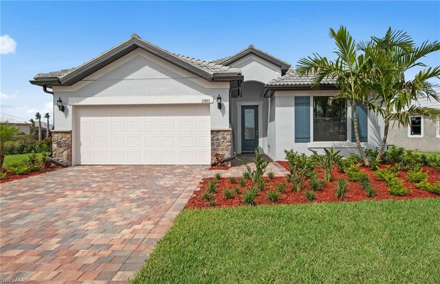 Special Financing available. NEW CONSTRUCTION MOVE-IN READY HOME! -  The Summerwood one-story is being built with 3 bedrooms, den, 3 full baths, and 2-car garage. Nicely appointed kitchen open to the gathering room, being built with center island and built-in stainless steel appliances. Beautifully upgraded with Quartz counters in the kitchen and bathrooms, shaker style cabinets in white, porcelain tile in the main living areas and wet areas, carpet in the bedrooms, zero-corner sliding glass doors, laundry room with storage cabinets and laundry sink. Tray ceiling in the Owner's bedroom. The outdoor living space is covered and screened-in. Room for a pool.  Bundled golf, resort lifestyle community, 18-hole Davis Love III masterpiece course. The Country Club clubhouse features Caloosa Grille, bar, golf shop and men’s and women’s locker rooms with personal lockers. Lagoon-style resort swimming pool, 2 Bocce courts, 2 Har-Tru tennis courts, 4 Pickleball courts, On-site Activities Director.