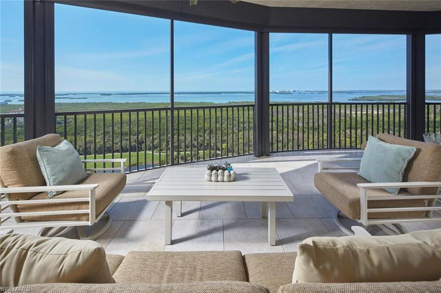 This corner residence in Treviso offers a bright, wraparound perspective of The Colony’s impeccably manicured grounds. From the moment you step off your private elevator, you are greeted by an airy, open-concept design where the indoors and outdoors blur beautifully. Whether you are hosting a formal dinner or enjoying a quiet morning in the charming breakfast nook, the backdrop is always spectacular.  Bathed in natural light, the interior is defined by floor-to-ceiling glass and soaring 9’8” ceilings that frame sweeping panoramic views of the Gulf. The meticulously curated floor plan features three ensuite bedrooms, a private study, and a versatile family room, all flowing seamlessly into formal living and dining spaces. Treviso’s updated common areas feature transitional furnishings and marble floors with views over water features. Three guest suites, which include a two bedroom apartment. A beautiful secure lobby, elegant social room, billiards room, theater, and a newly updated fitness center complete the interior amenities. Spa and free form large pool with graceful beach access and a separate social pavilion. The Bay Club, a Colony private waterfront dining facility, offers intimate dining or informal sunset dining/entertainment. Experience a full array of community amenities such as a 34 acre island beach park with boat shuttle, Kayaking, canoeing, tennis, pickle ball, bocce and sailing. Close to Coconut Point Shopping Center. 15 minutes to the airport.