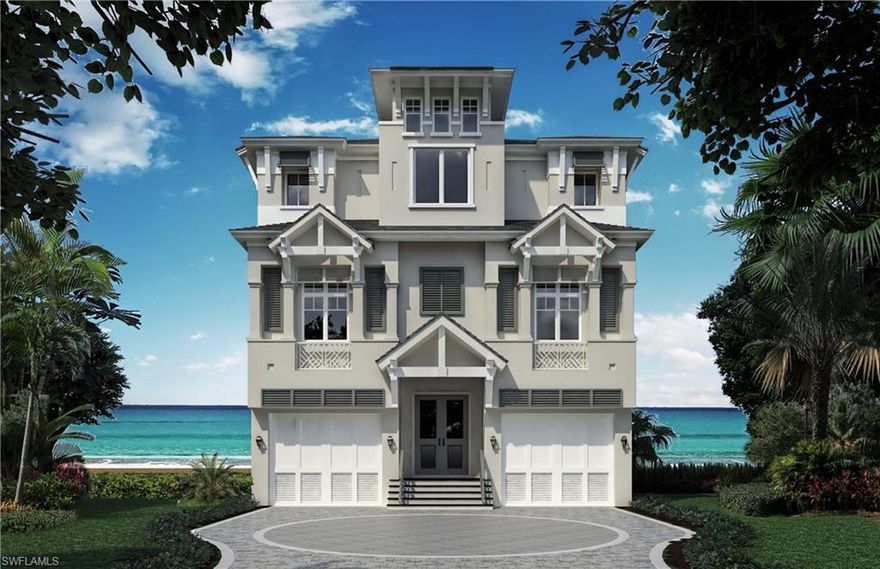 Bonita Beach's latest direct beach front home. This custom home is well underway and is being built by Calusa Construction. The home is scheduled to be delivered September of this year (currently ahead of schedule). This home can be purchased today.  Professionally decorated with custom furnishings. This home offers the latest engineering with wide open, unobstructed living spaces. Large elevated pool and spa, covered outdoor area includes grill and entertaining bar, bath, and fireplace gathering. Inside is the grand living area with coastal stylings. Large kitchen island and beach side dining area. Another large custom bar will complete the functionality of this space. Home includes private elevator, large garage. There are 4 dedicated guest suites, a beach front cloud space with full bath that can be for entertaining or used as a 5th guest. Along with the master this home can offer a total of 6 permitted bedrooms. The master suite is postcard worthy and features large his and her closets and bath with soaking tub and walk-in shower.