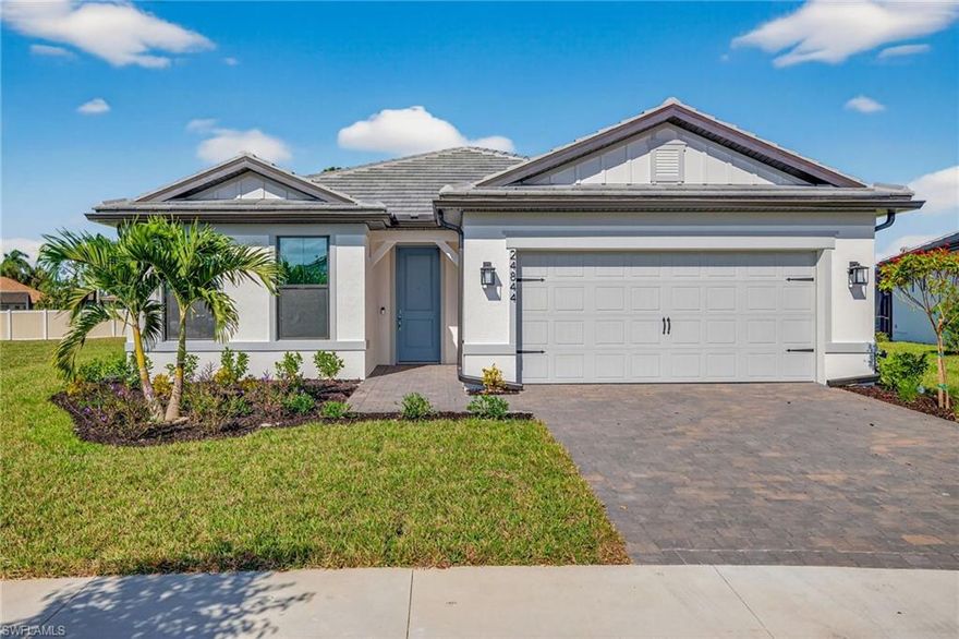 Be the first to live in this stunning brand-new home in the highly desirable Bonita Del Sol community of Bonita Springs. This spacious 4-bedroom, 2-bath home features an open-concept floor plan with a gourmet built-in kitchen, stainless steel appliances, a gas cooktop, quartz countertops, a large island, and a walk-in pantry. Elegant large-format tile runs throughout the main living areas, complemented by stylish accent walls and designer light fixtures. The owner’s suite offers a generous walk-in closet and a large frameless glass walk-in shower.  Enjoy Florida living year-round from the screened lanai overlooking a spacious yard. The home is built for peace of mind with a tile roof and impact-glass windows. Lawn care and irrigation are included in the rent for effortless, low-maintenance living. Conveniently located near US-41, Bonita Del Sol provides easy access to the beach, RSW Airport, shopping, dining, and entertainment. Don’t miss the opportunity to experience luxury and convenience in this exceptional Bonita Springs community.